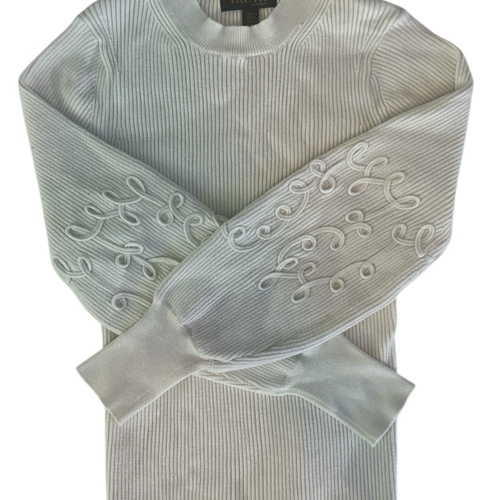 White Ribbed Crew Neck Sweater with Embellished Sleeves